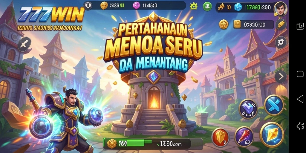 Screenshot gameplay <strong>777WIN</strong> menunjukkan menara pertahanan yang siap menghadapi serangan musuh.