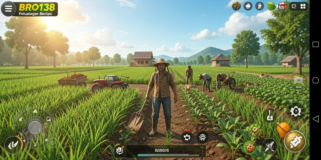 Tangkapan layar dari gameplay BRO138 menampilkan ladang yang subur dan berbagai tanaman.