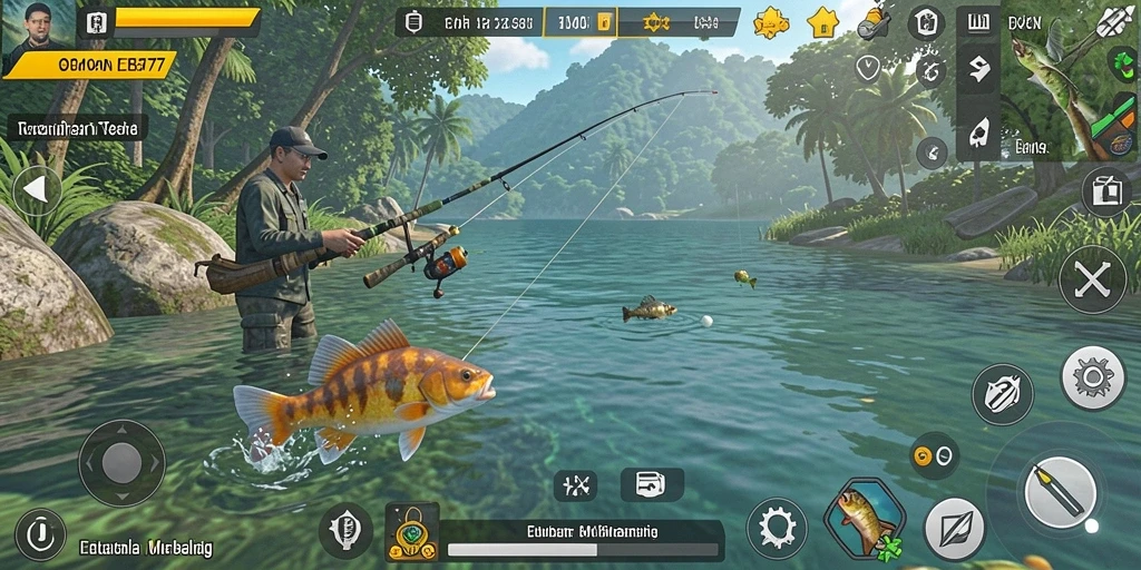 Gameplay EMON77 yang menampilkan aksi memancing yang seru.