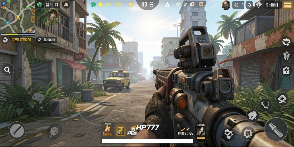 Screenshot HP777 menampilkan aksi tembak-menembak yang mendebarkan.