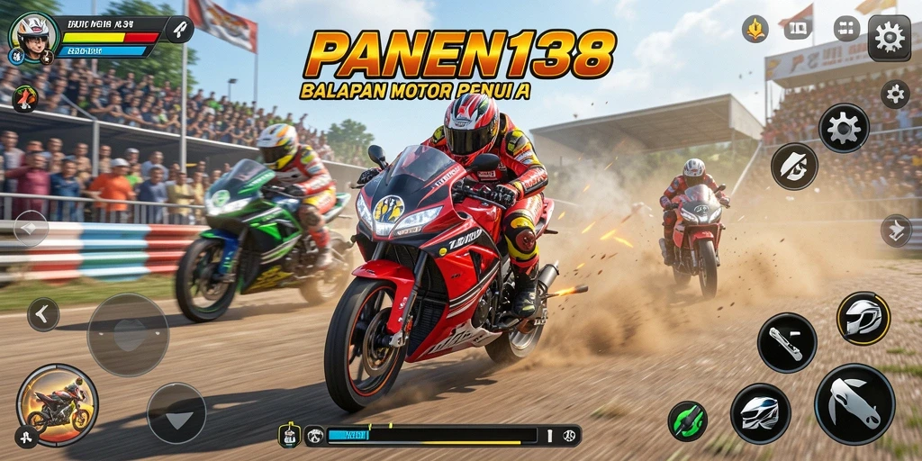Screenshot gameplay PANEN138 menampilkan momen balapan motor yang mendebarkan.