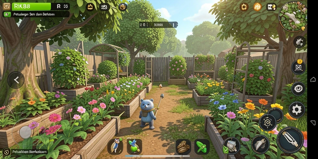 Tampilan gameplay RK88 yang menampilkan kebun yang indah dan subur.