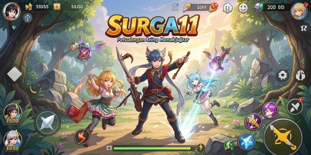 Tampilan gameplay SURGA11 yang penuh warna dan karakter anime yang menarik.