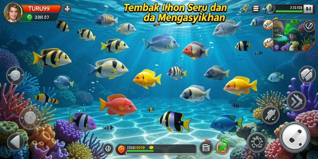 Tampilan gameplay TURU99 menampilkan keseruan menembak ikan di laut.